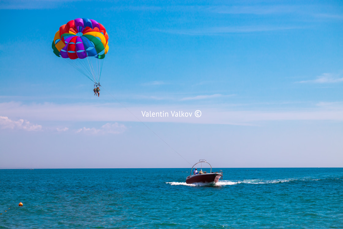 "Parasailing boat ride. Extreme fun activity on the sea for peopl" stock image