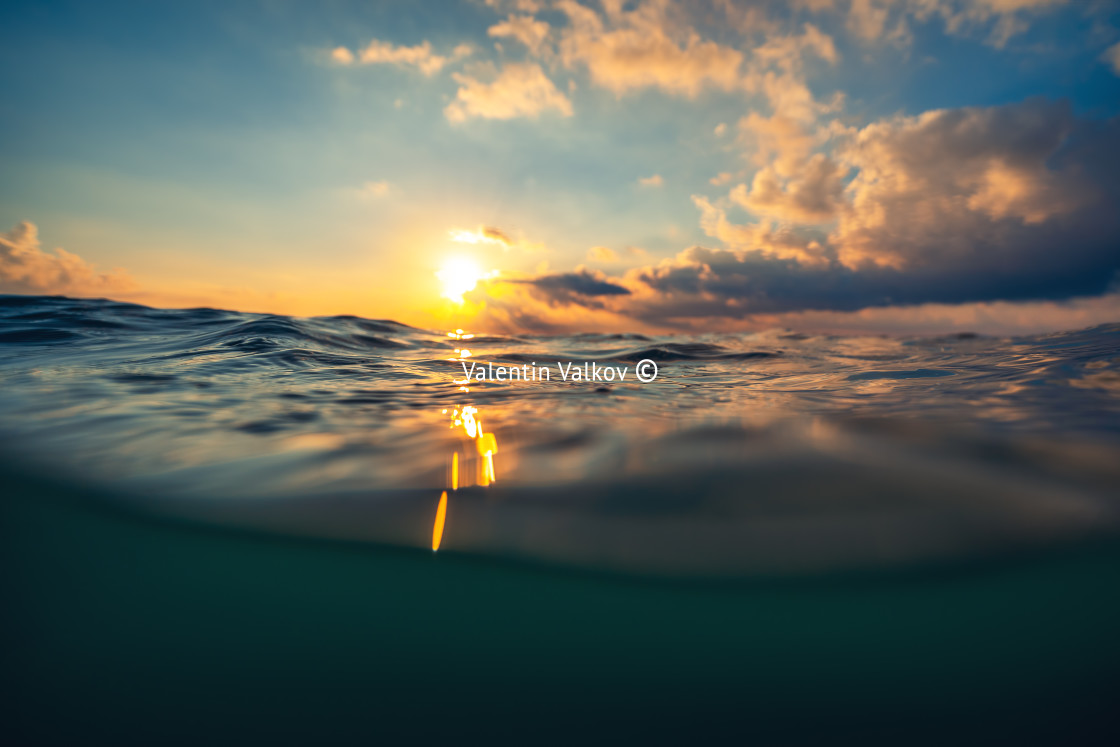 "Sea wave close up, low angle view, sunrsie shot" stock image