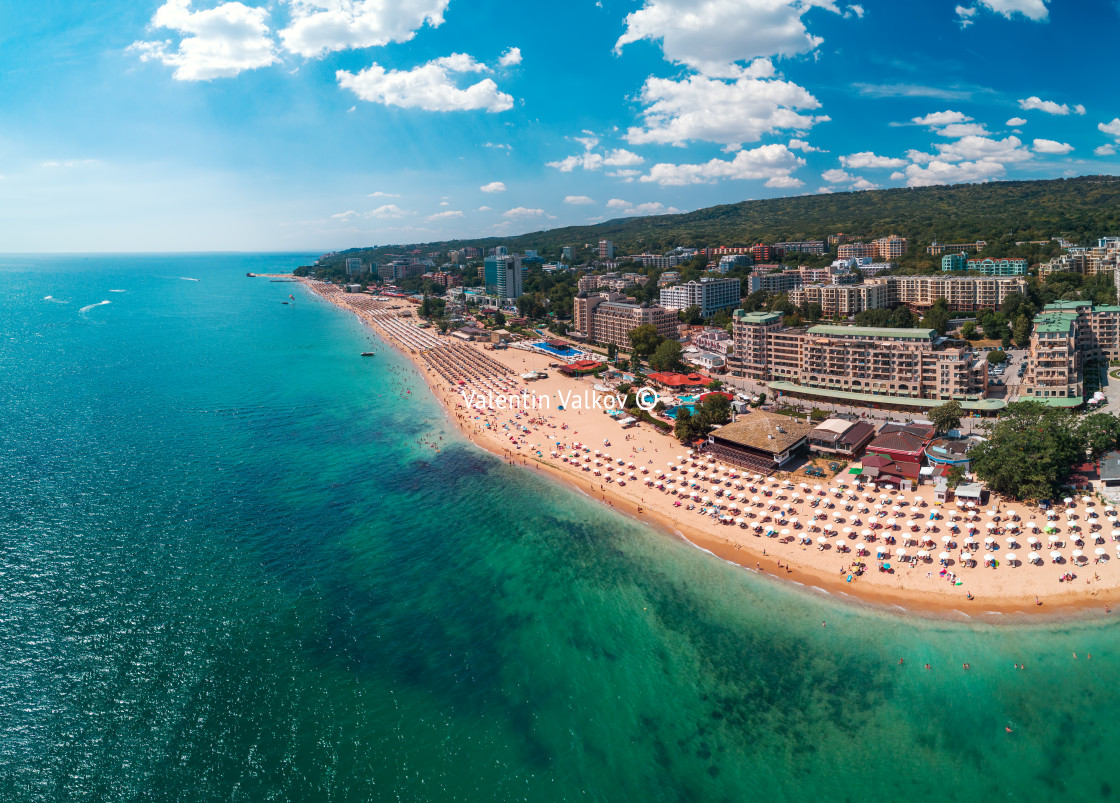 "Aerial view of Golden Sands beach resort , Zlatni Piasacithe nea" stock image