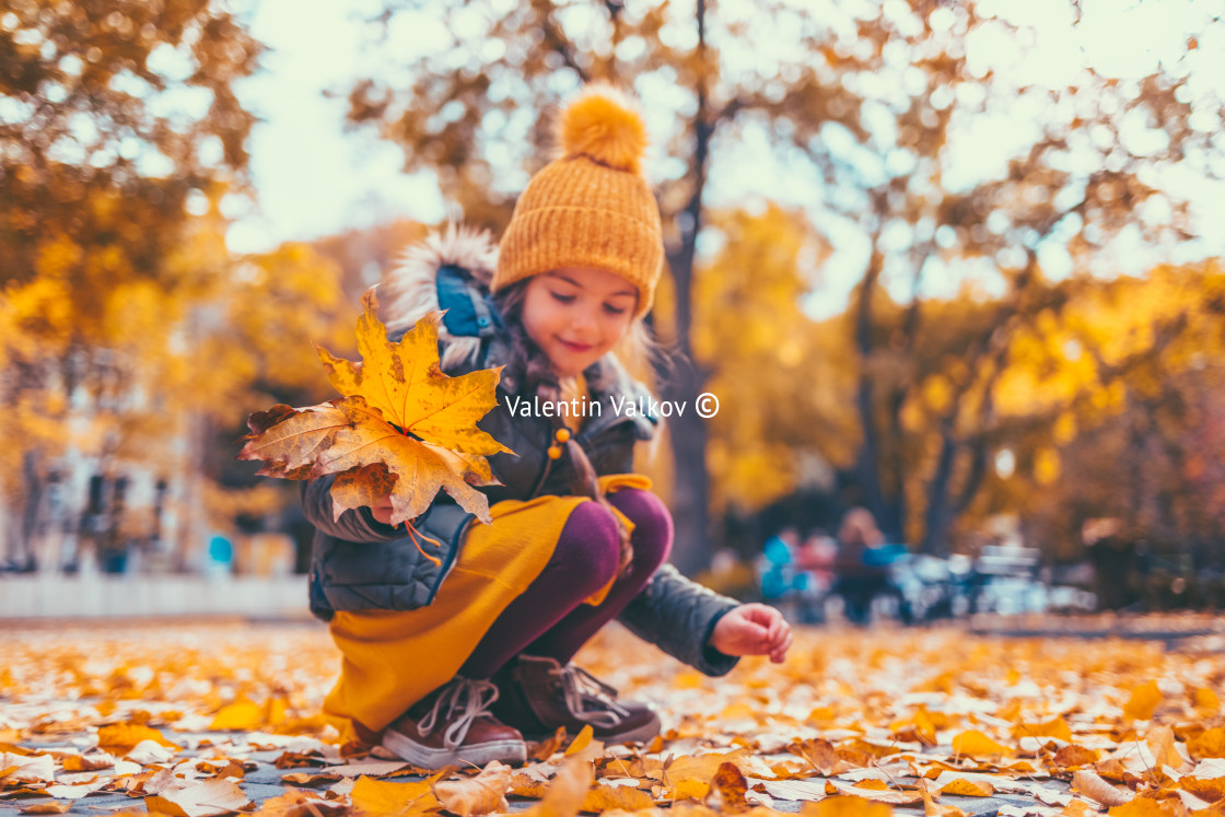 "Children in the park with autumn leaves" stock image