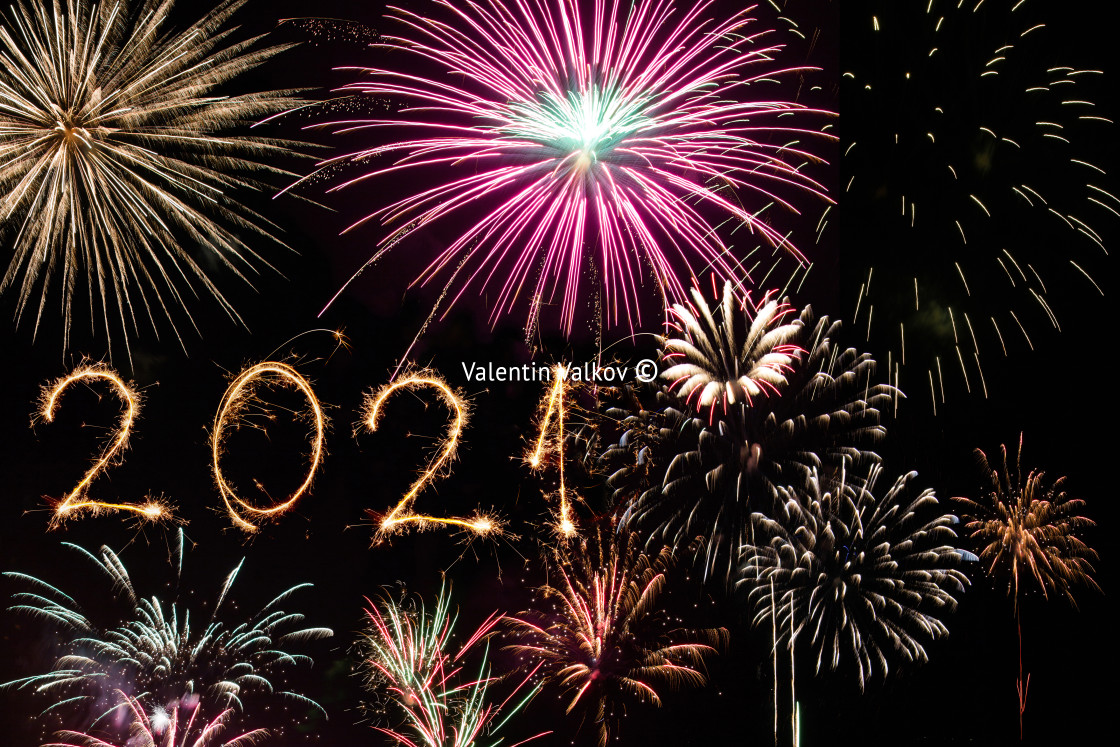 "2021 written with fireworks as a background" stock image