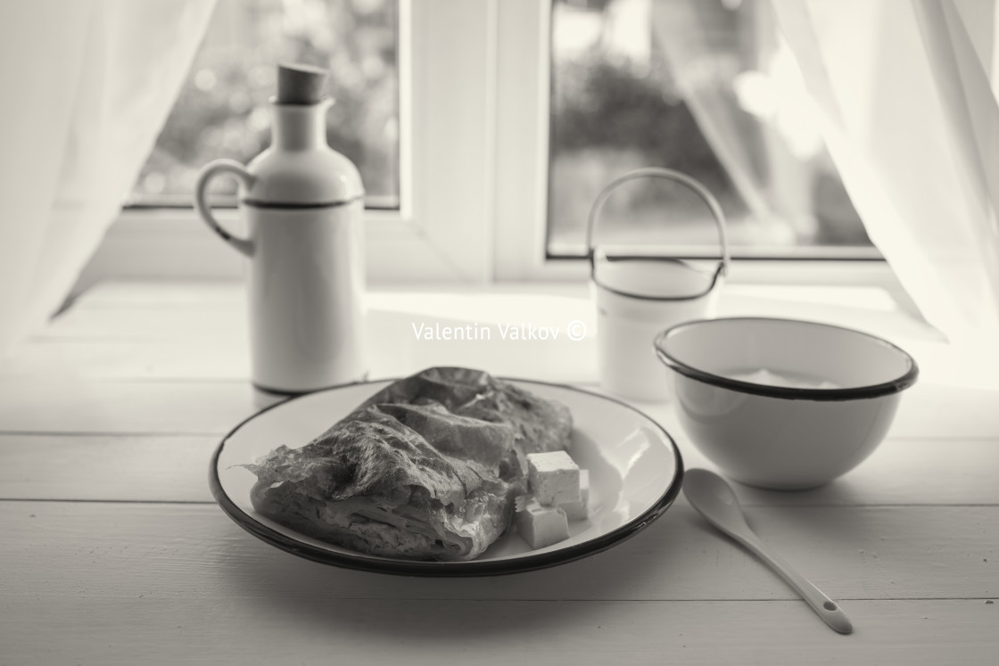 "Baked cheese pie with milk. Bulgarian butter banitsa for breakfa" stock image