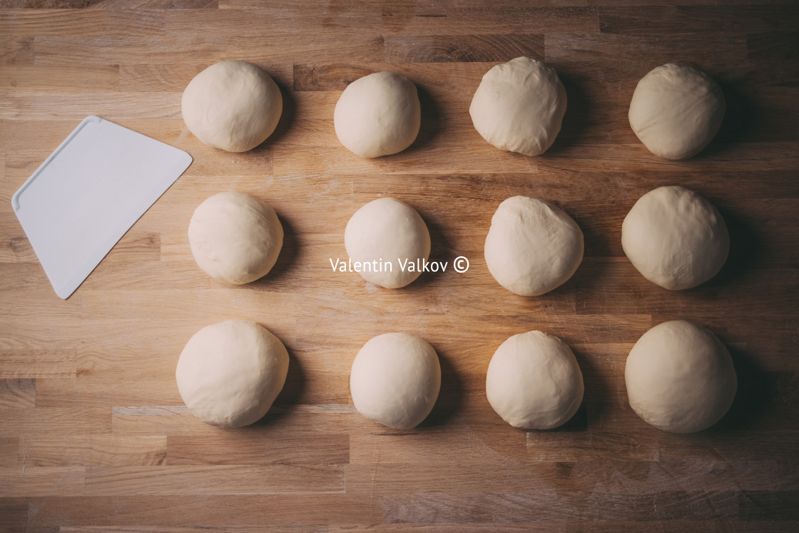 "Bread buns in a top view, soft dough in bakery" stock image