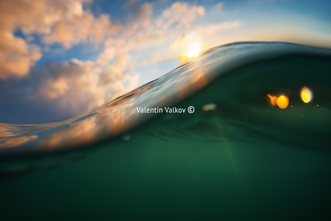 "Sea wave close up, low angle view, sunrsie shot" stock image