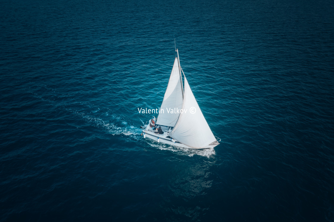 "Regatta sailing ship yachts with white sails at opened sea. Aeri" stock image