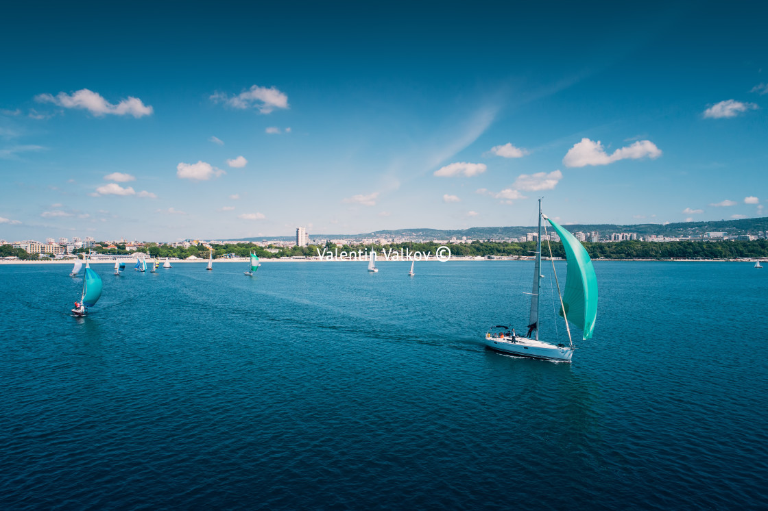 "Regatta sailing ship yachts with white sails at opened sea. Aeri" stock image