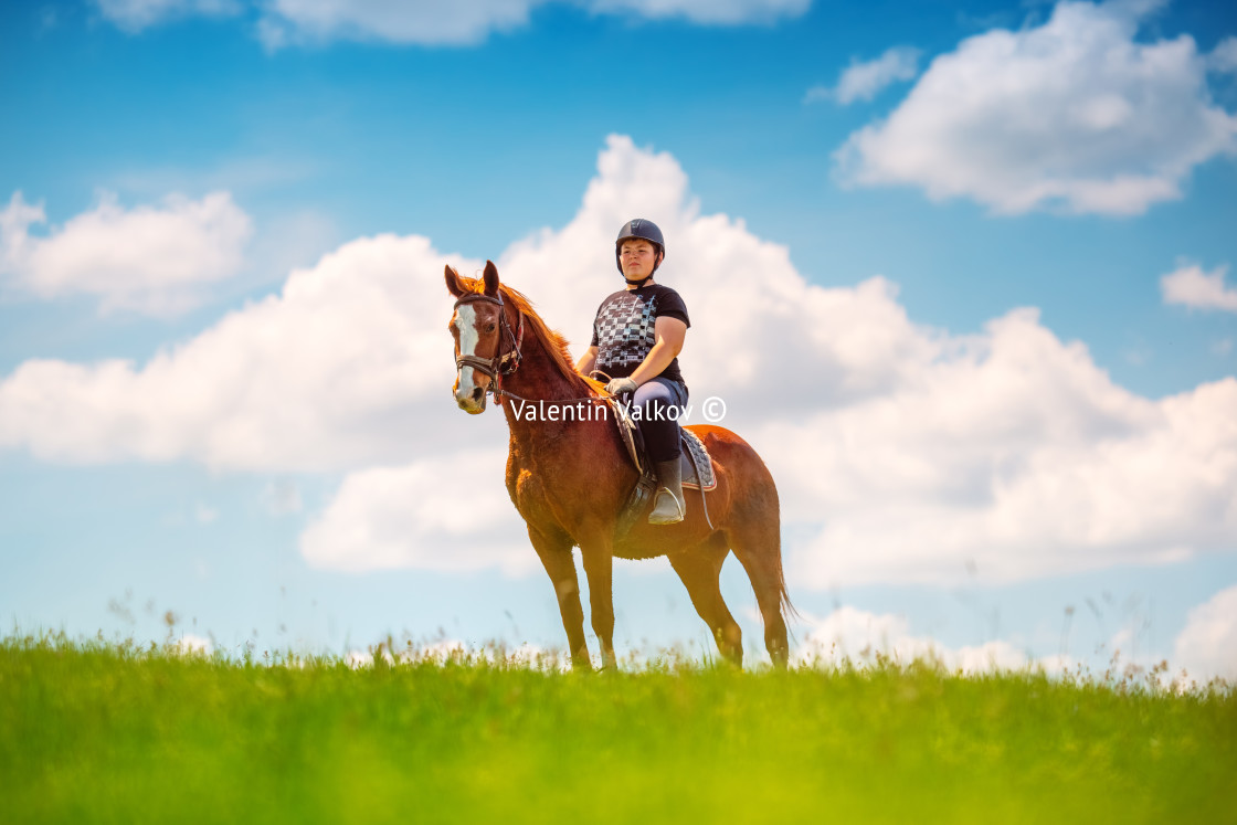 "Young Boy riding a horse in the field" stock image