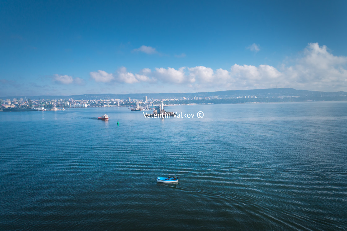 "Aerial view of lighthouse at foggy sunrise in Varna, Bulgaria" stock image