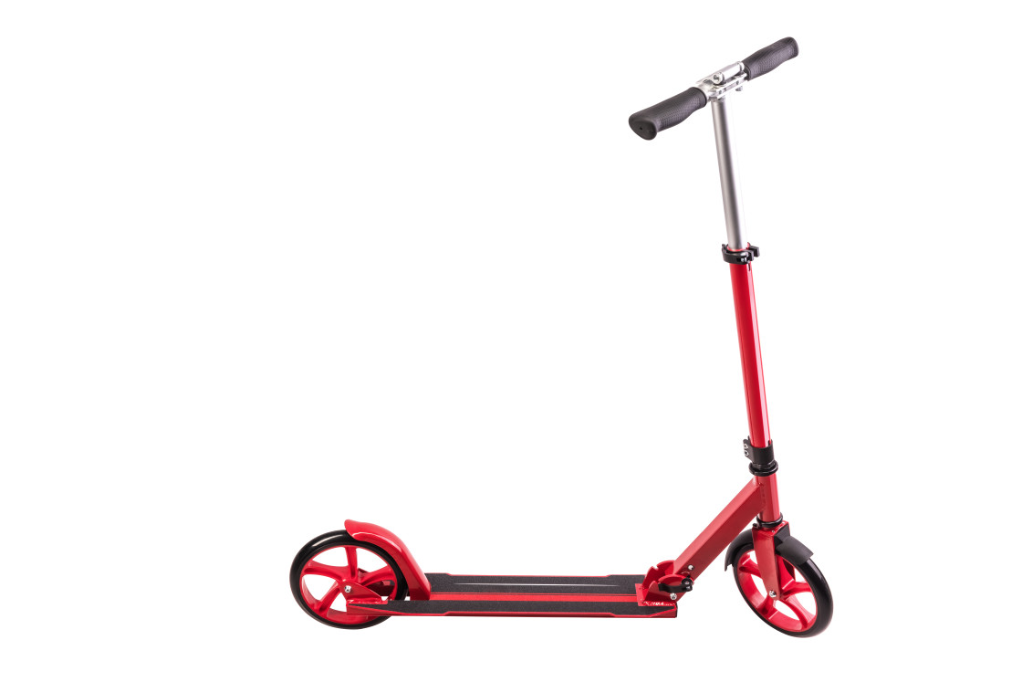 "Red modern scooter studio isolated on white background with clip" stock image