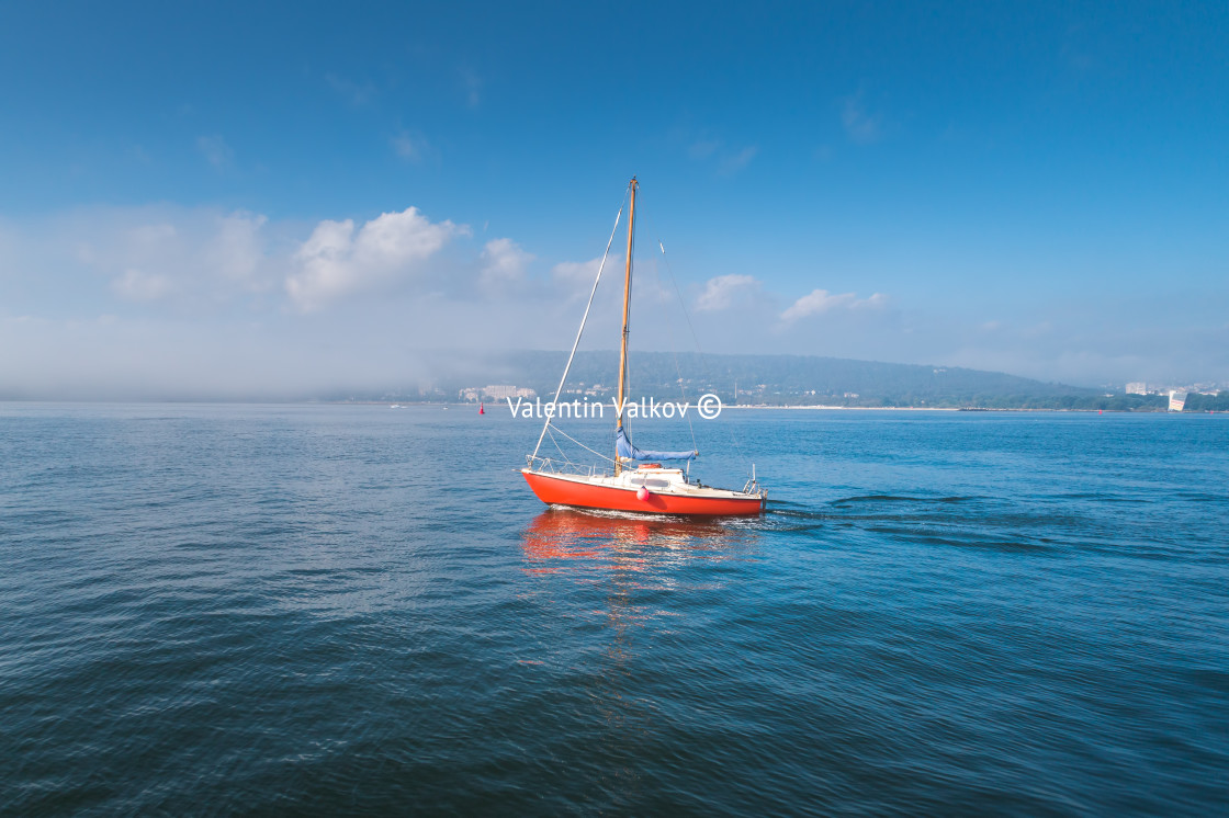 "Aerial view of sailing ship in sea" stock image