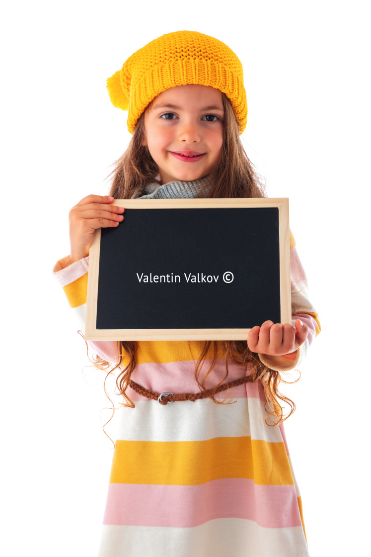 "Happy smiling beautiful young girl showing blank signboard or co" stock image