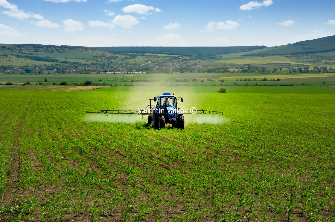 "Farming tractor plowing and spraying on field" stock image