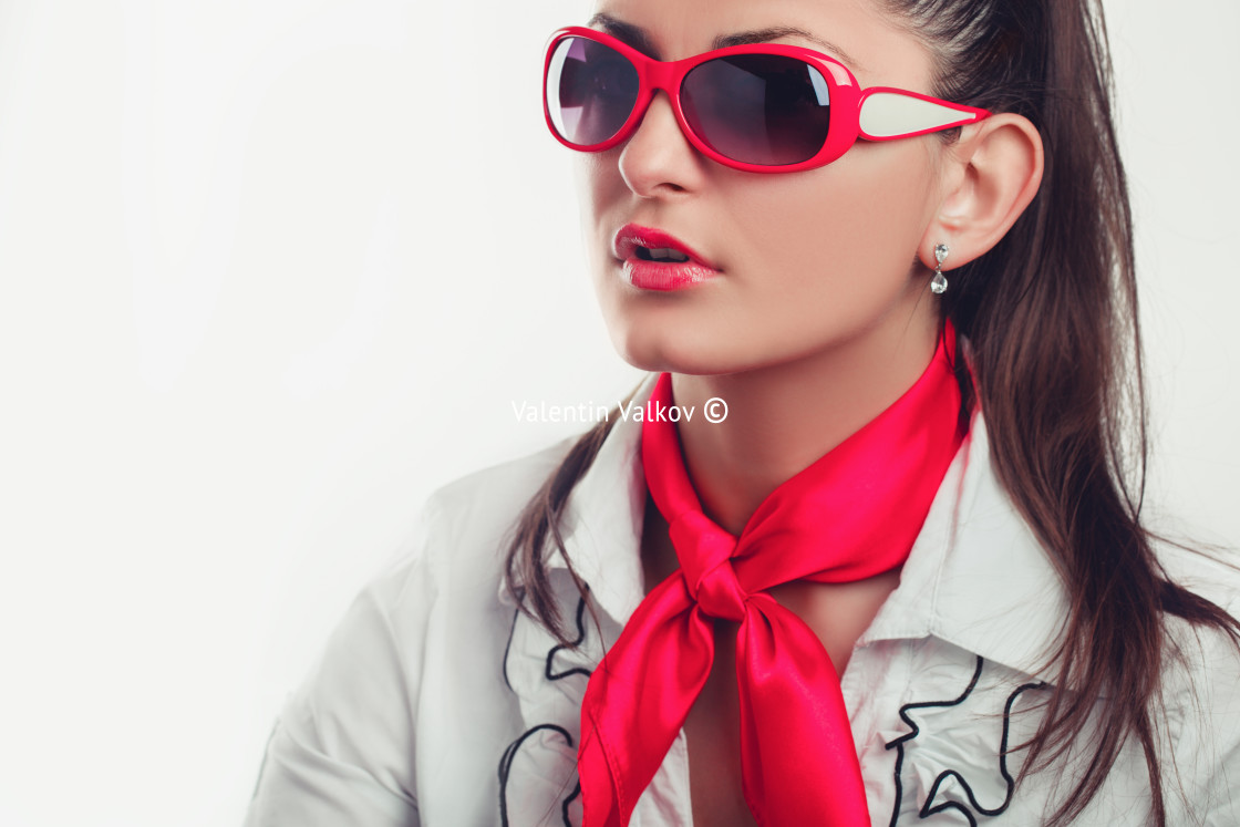 "Girl office staff with a red scarf and glasses isolated stock ph" stock image