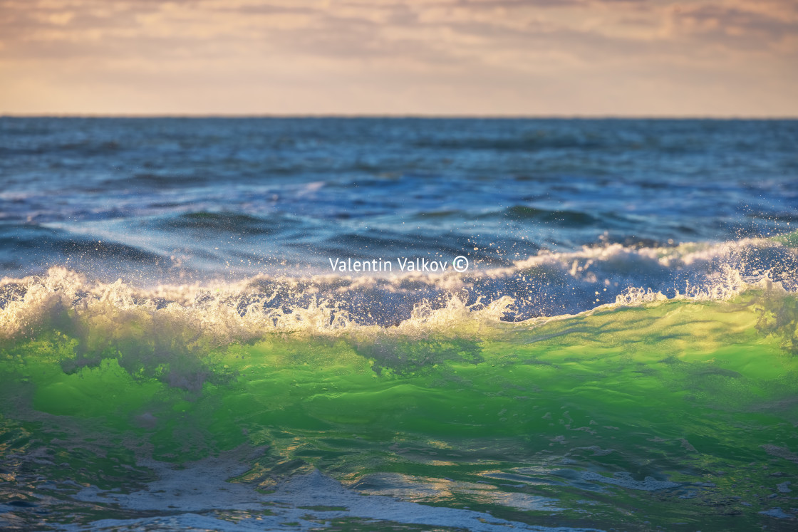 "Beautiful green sunrise wave" stock image