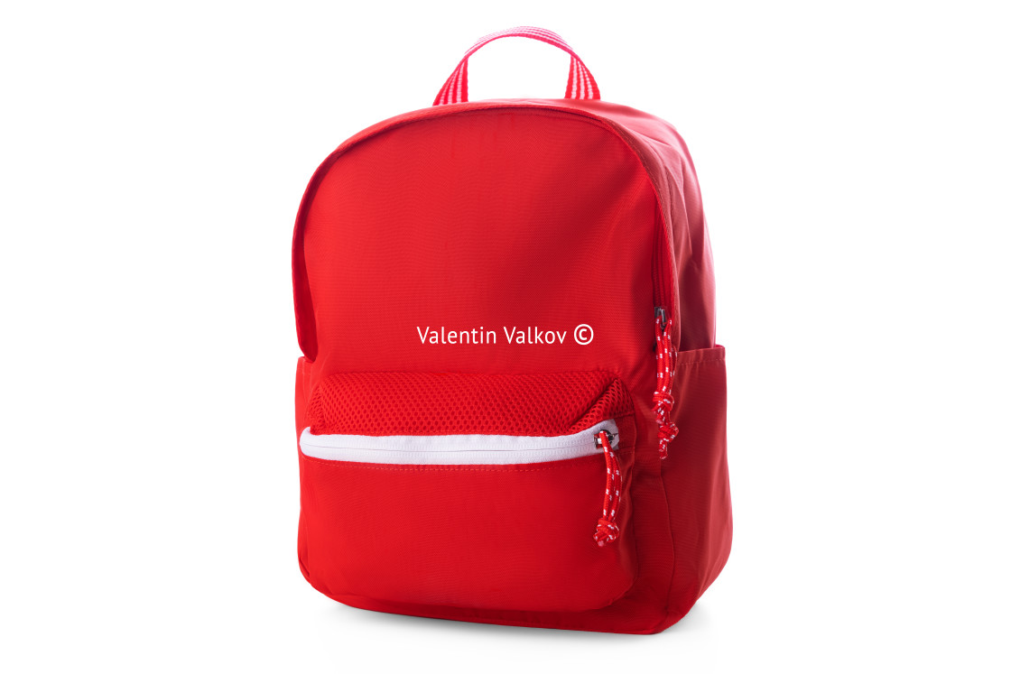 "Red school backpack isolated on white" stock image