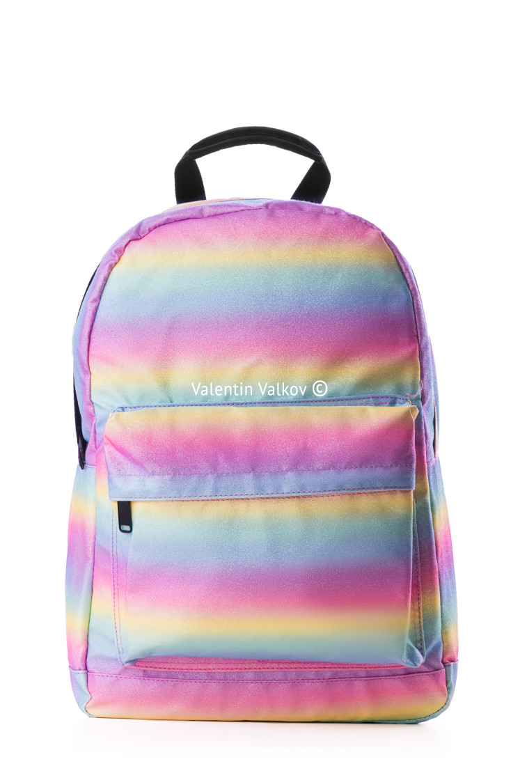 "Rainbow school backpack isolated on white" stock image