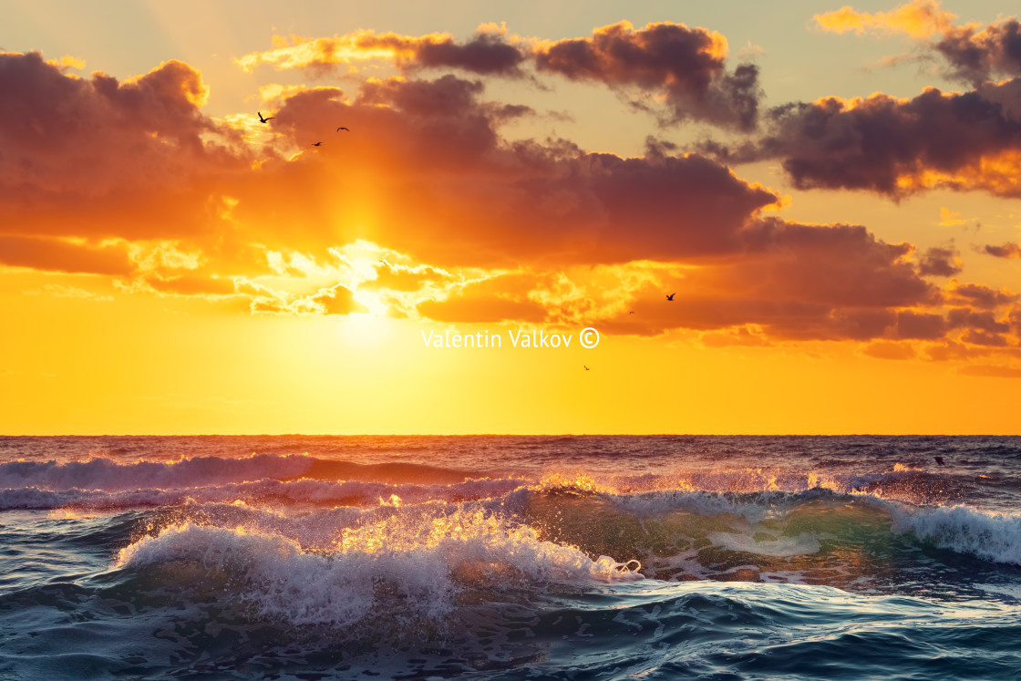 "Golden splashing waves and sunrise sea" stock image