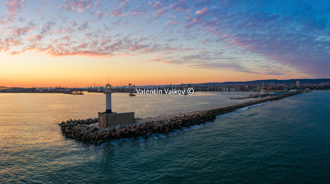 "Aerial view of lighthouse at sunset in Varna, Bulgaria" stock image