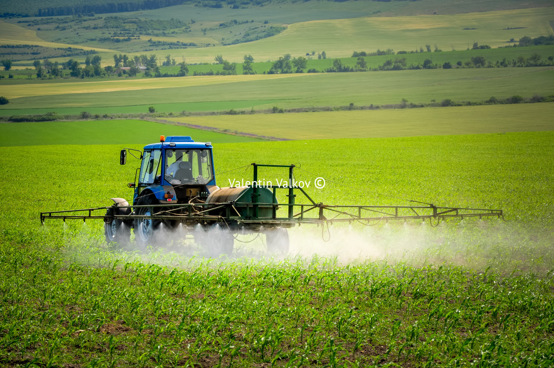 "Farming tractor plowing and spraying on field" stock image