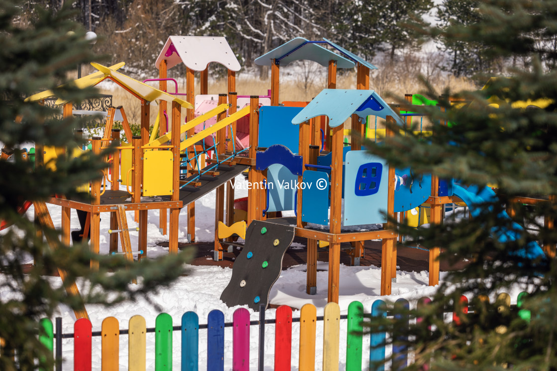 "Playground In the mountain park. Winter forest and playground" stock image