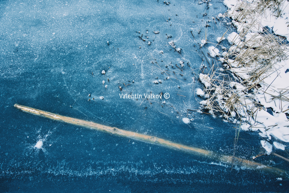 "Frozen lake with holes and trees in the water surface" stock image