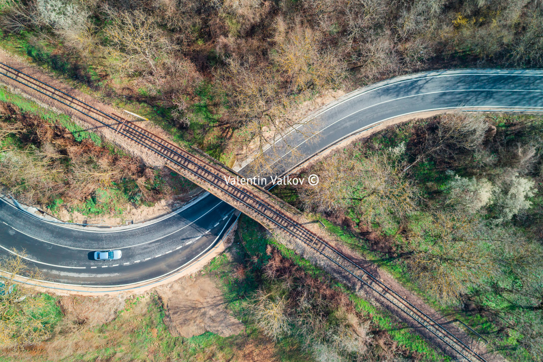 "Top aerial view of a railway rails over a bridge and a beautiful" stock image