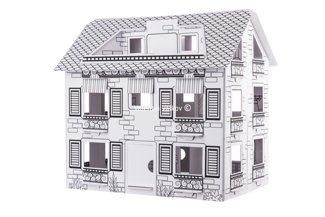 "Cardboard Box house, paper Dollhouse DIY craft isolated on white" stock image