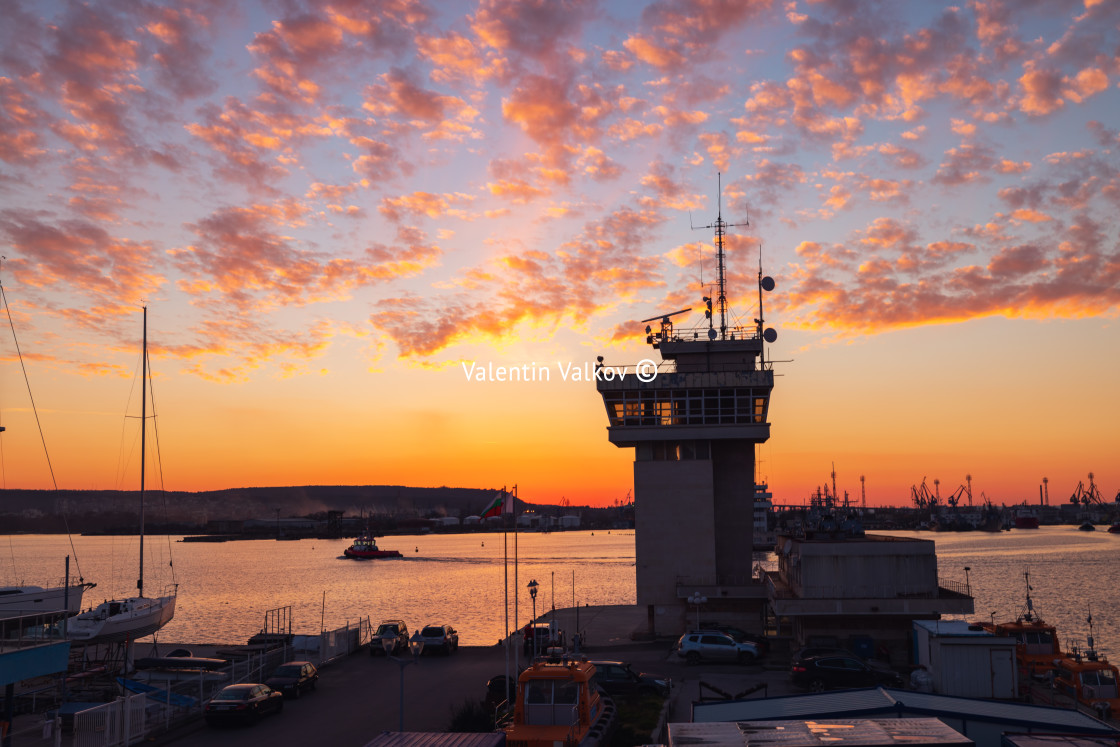 "Yacht port and beautiful sunset over Varna, Bulgaria. Sailboat h" stock image