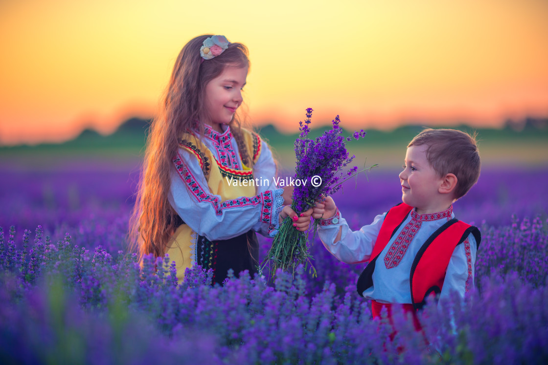 "Portrait of children boy and girl in traditional Bulgarian folkl" stock image