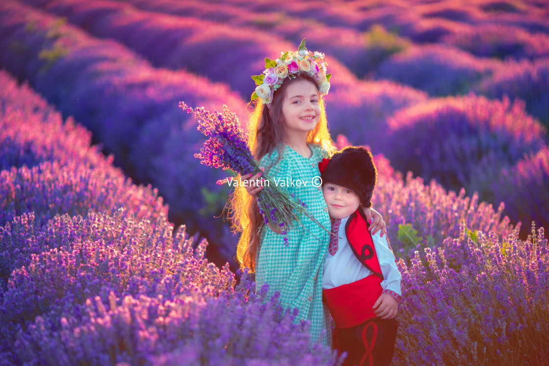 "Portrait of children boy and girl in traditional Bulgarian folkl" stock image