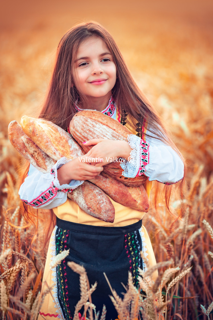 "Beautiful girl woman in traditional Bulgarian folklore dress hol" stock image