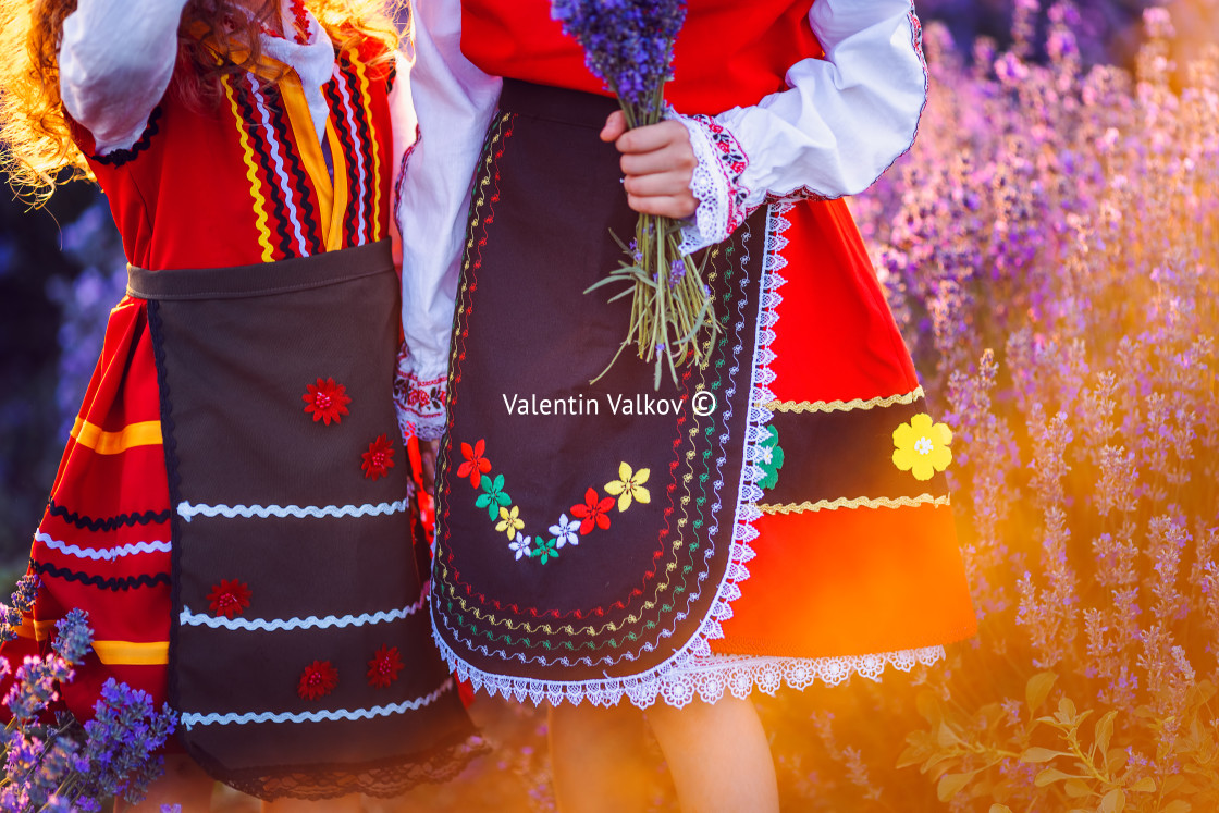 "Beautiful girls in traditional Bulgarian folklore costumes in la" stock image