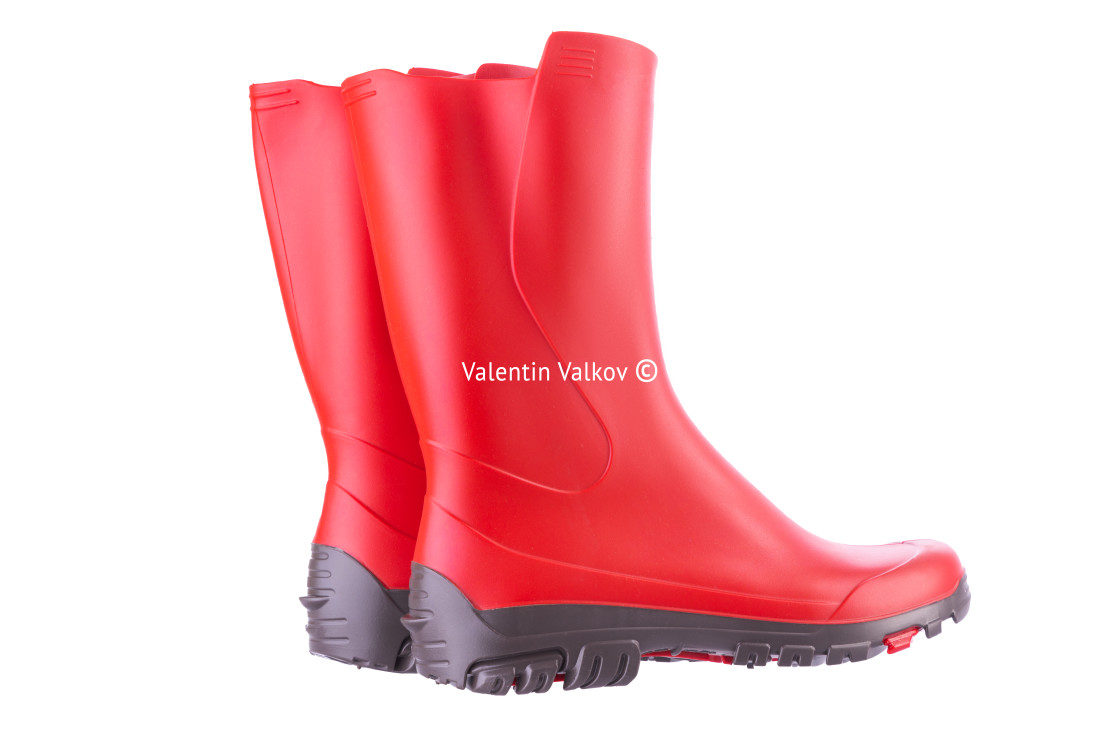 "Red rubber boots isolated on white background. Outdoor shoes for" stock image