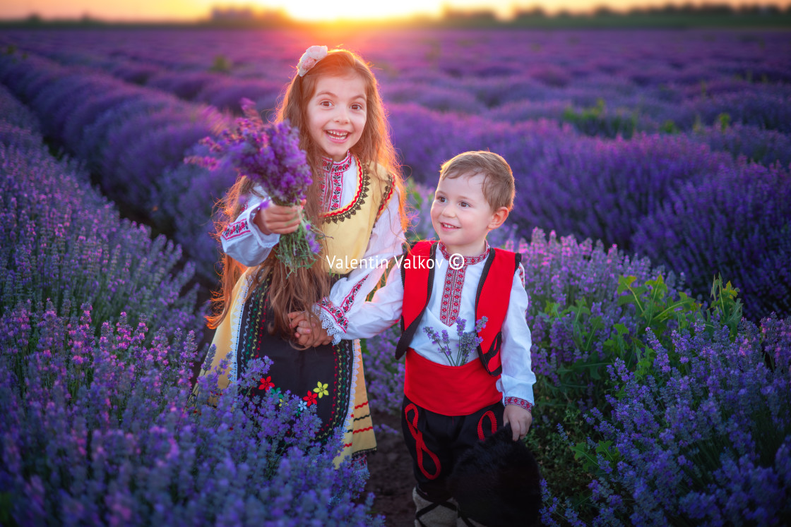 "Portrait of children boy and girl in traditional Bulgarian folkl" stock image