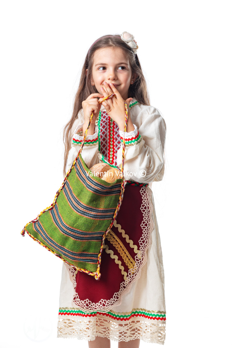 "Bulgarian woman or young girl in traditional folklore dress hol" stock image