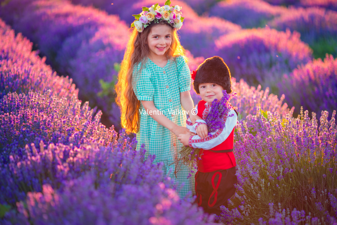 "Portrait of children boy and girl in traditional Bulgarian folkl" stock image