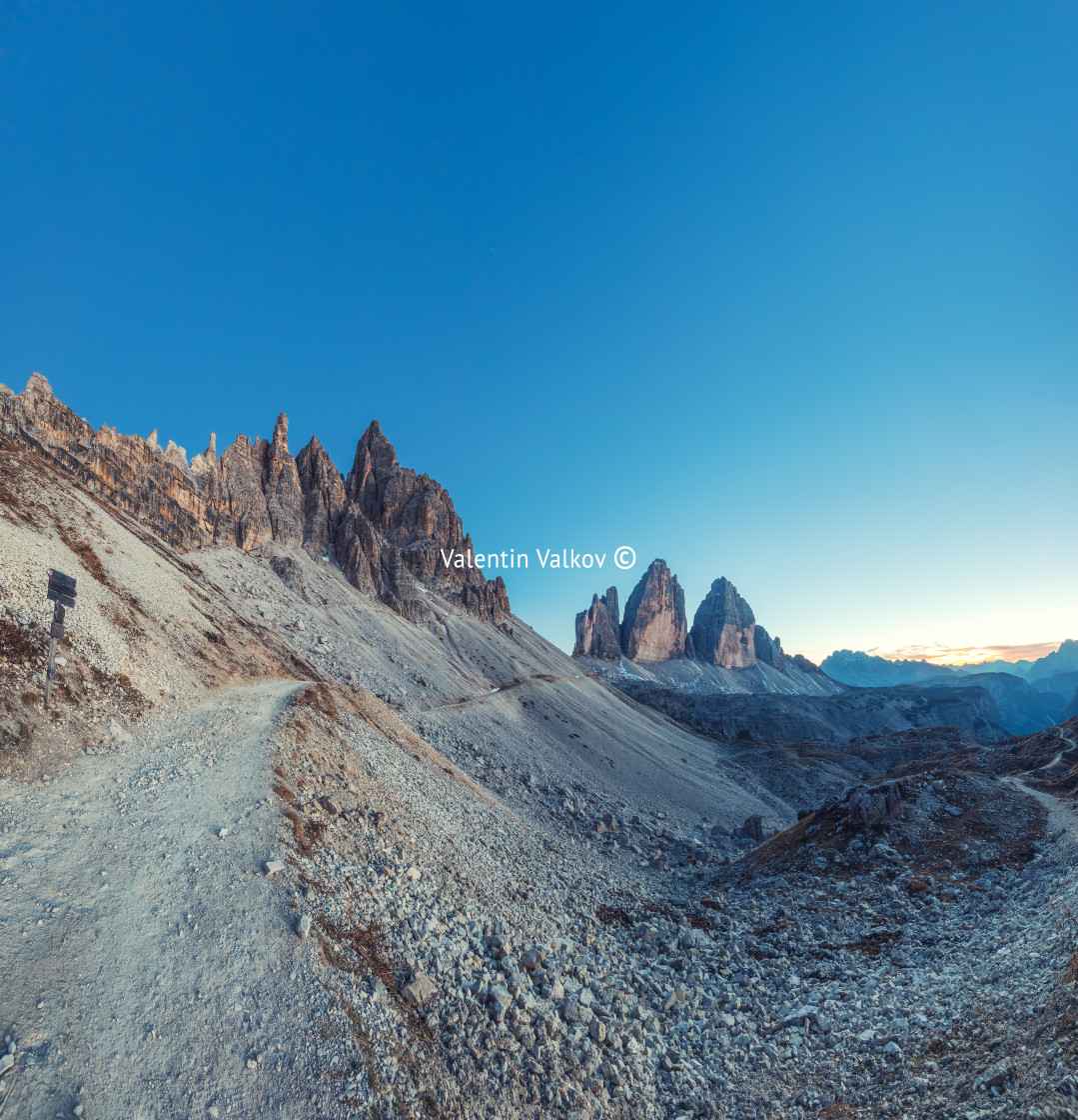 "Tre Cime di Lavaredo at sunset in the Dolomites in Italy, Europe" stock image