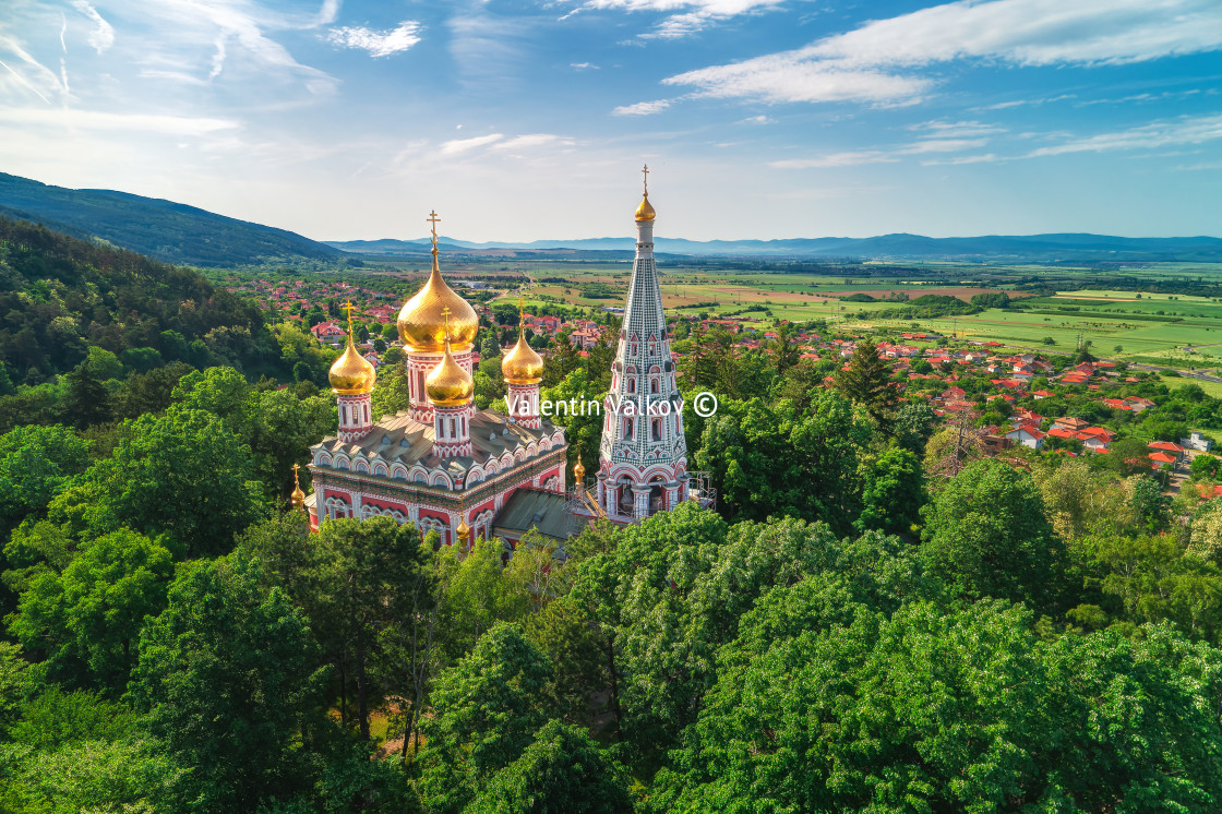 "Shipka Memorial Russian Church, town of Shipka, Bulgaria, aerial" stock image