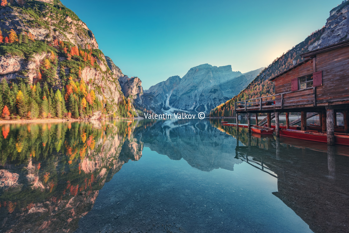 "Boats on the Braies Lake ( Pragser Wildsee ) in Dolomites mounta" stock image