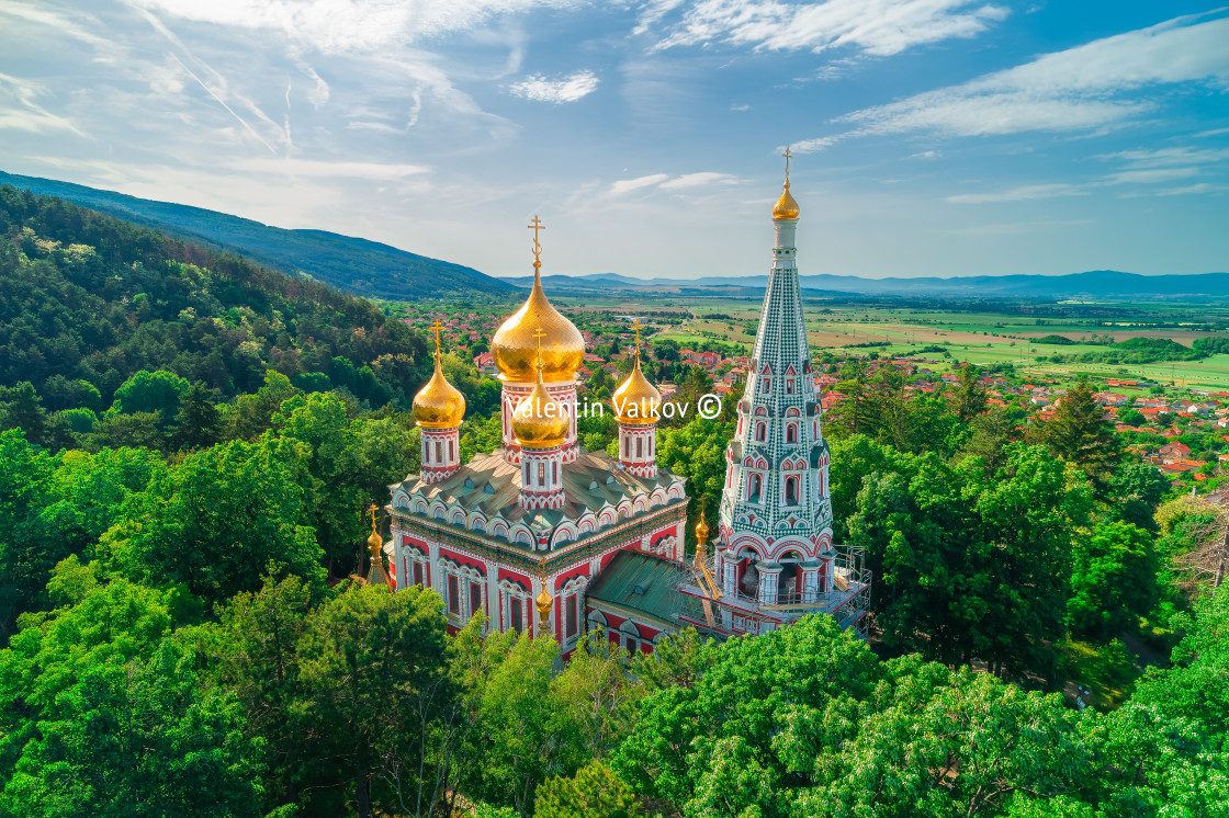 "Shipka Memorial Russian Church, town of Shipka, Bulgaria, aerial" stock image