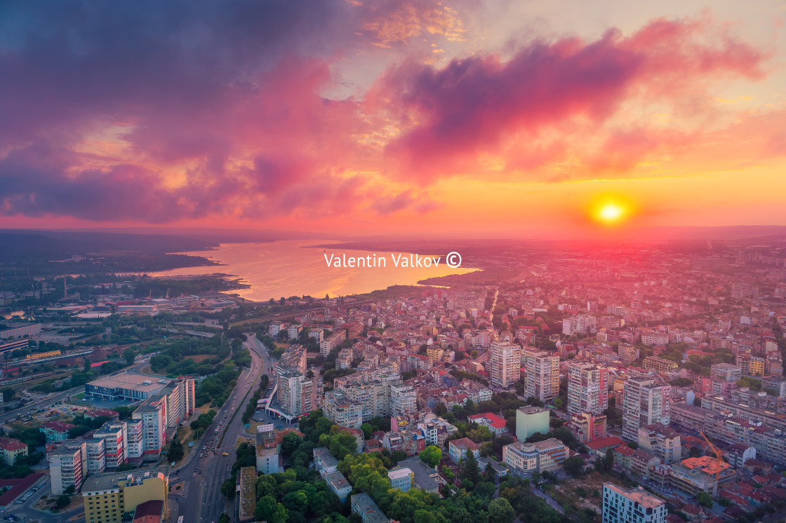 "Dramatic sunset over Varna city and Varna lake" stock image