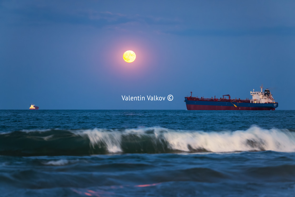 "Sailing ship and Moonlight Night Sea" stock image