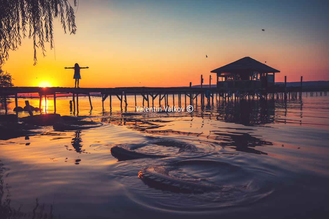 "Girl on a old wooden fishing pier and willow tree enjoying beaut" stock image