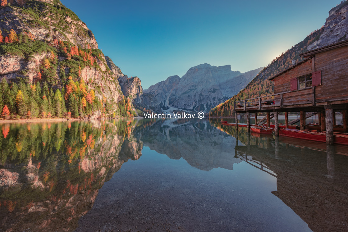 "Boats on the Braies Lake ( Pragser Wildsee ) in Dolomites mounta" stock image