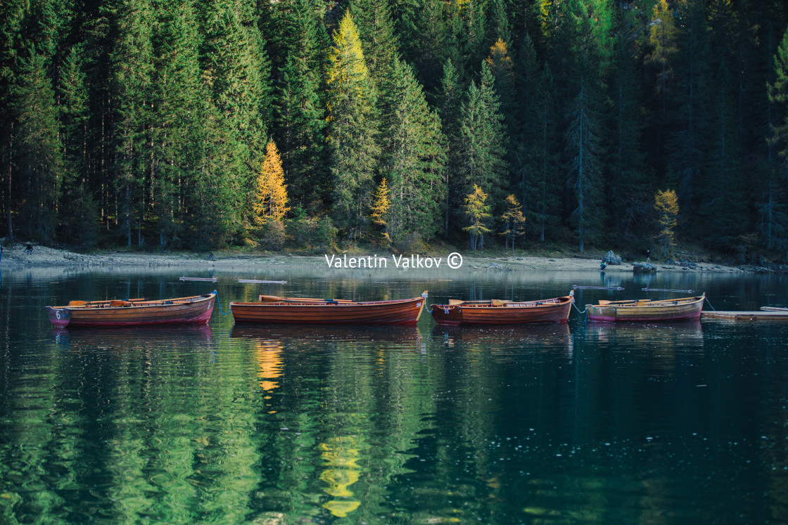 "Boats on the Braies Lake ( Pragser Wildsee ) in Dolomites mounta" stock image