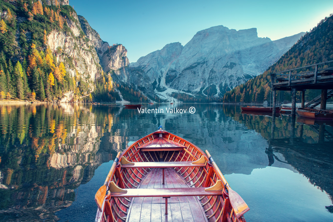 "Boats on the Braies Lake ( Pragser Wildsee ) in Dolomites mounta" stock image