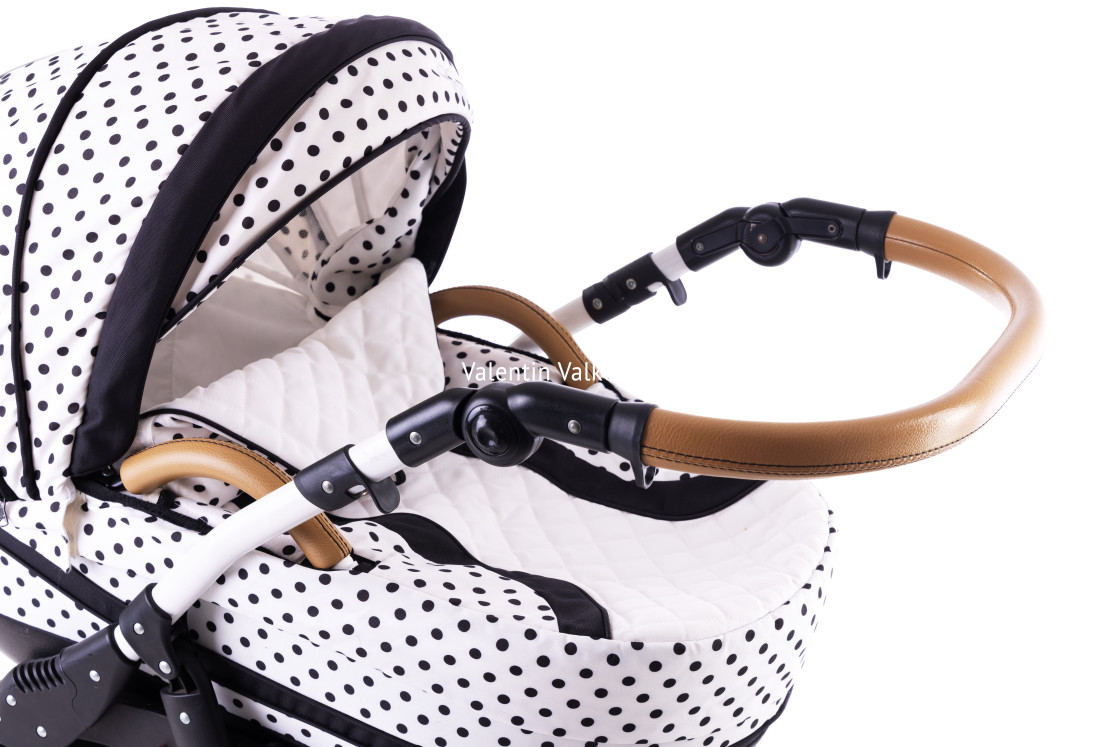 "Modern baby stroller with bassinet and car seat isolated on a wh" stock image