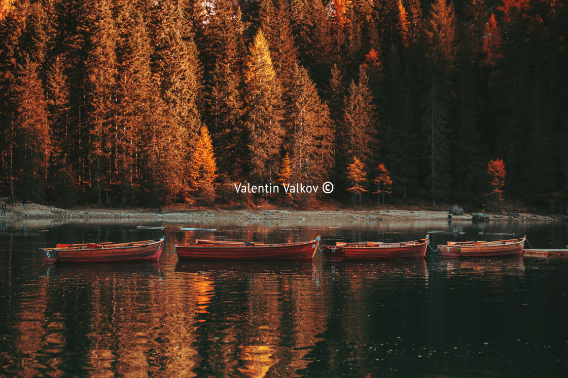 "Boats on the Braies Lake ( Pragser Wildsee ) in Dolomites mounta" stock image