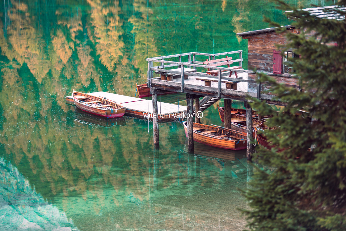 "Boats on the Braies Lake ( Pragser Wildsee ) in Dolomites mounta" by Valentin Valkov - £20.00 "Boats on the Braies Lake ( Pragser Wildsee ) in Dolomites mounta" stock image