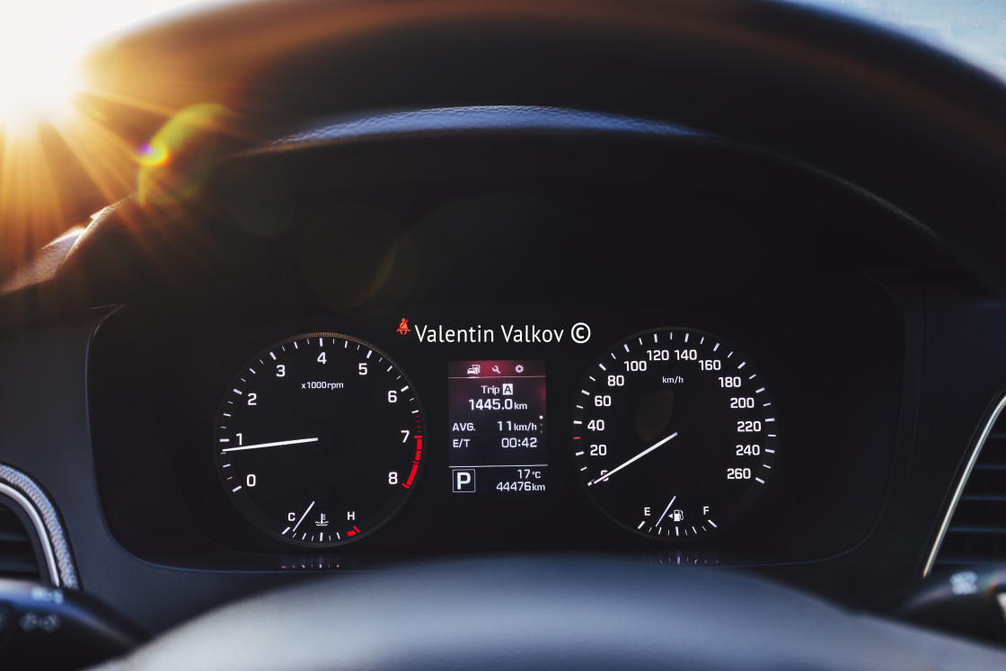 "Interior view of dashboard in luxury modern car. Wheel and clea" stock image